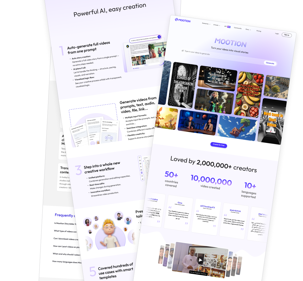 Mootion website collage showing AI video generation, product capabilities, and creator examples