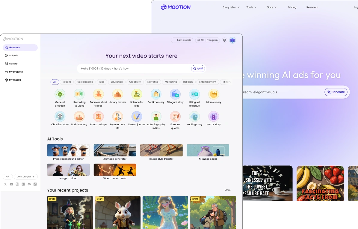 Mootion workspace with example prompts, scenario templates, AI tools, and recent projects alongside the landing page