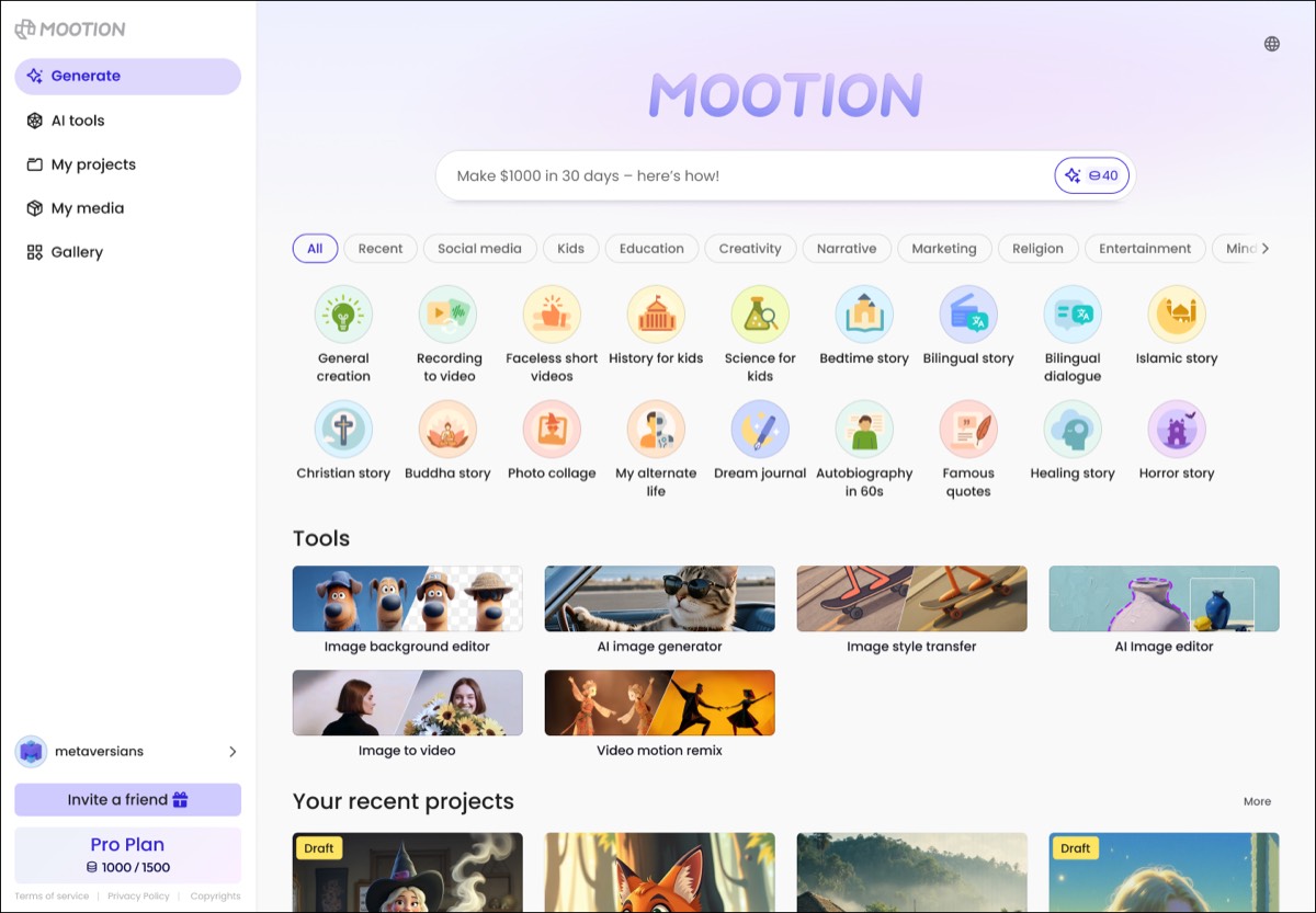 Mootion generate screen: AI creation templates and tools built under Lina's Design Language and Design System